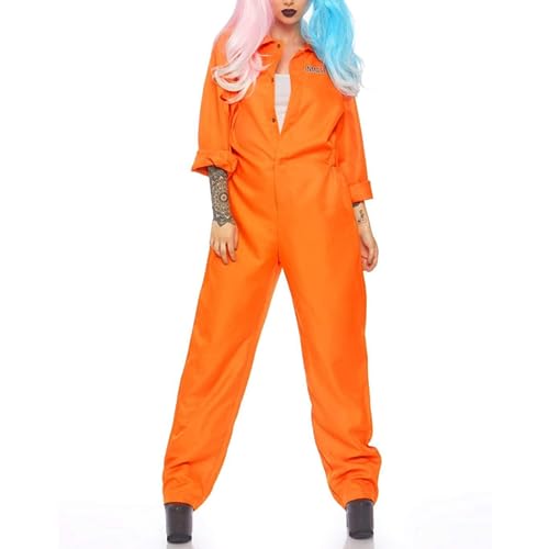Pivanzore Women's Prisoner Jumpsuit Long Sleeve Jail Romper Men Halloween Jail Playsuit Adult Inmate Criminal Kid Overalls (Women Orange, L)