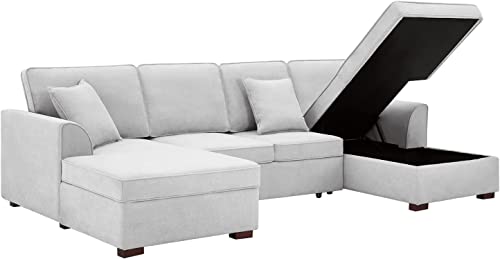 MELLCOM Reversible Modular Sectional Sofa with Pull-Out Bed, Upholstered U-Shape Sofa with Storage, Sectional Sofa with Chaise Lounge, Convertible Sectional Sofa Couch with Storage, Light Gray