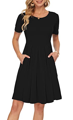 AUSELILY Women's Summer Short Sleeve Pleated Loose Swing Casual Dress Pockets Knee Length(L,Black)
