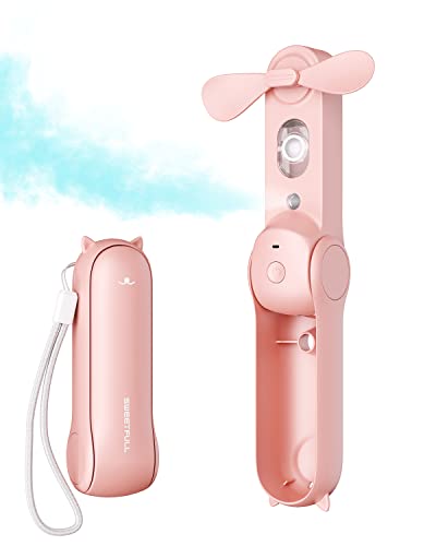 SWEETFULL Misting Fan Portable, Handheld Personal Mister Fan, Small Fan Rechargeable, Mini Spray Water Mist Fan, Kids Women Portable Fan For Travel, Outdoors, Hiking, Camping Home Office (Pink)