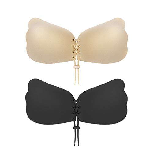 umooie Sticky Bra 2 Pairs Strapless Backless Adhesive Push up Bra Black and Nude C Cup