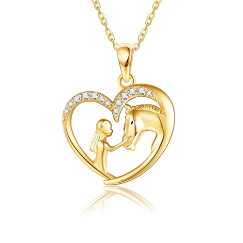 ELFRONT 14k Yellow Gold Horse Necklace Real Gold Horse And Girl Necklaces Horse Charm Jewelry Gifts For Women Girls