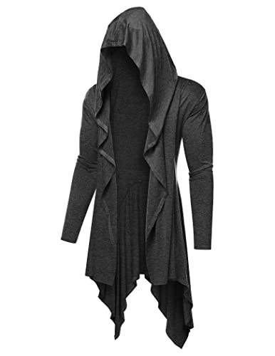 COOFANDY Men's Long Hooded Cardigan Ruffle Shawl Collar Open Front Lightweight Drape Cape Overcoat with Pockets