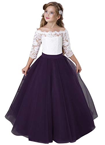 Flower Girl Dress Kids Lace Pageant Party Christmas Ball Gown Dresses (Size 8, Plum)