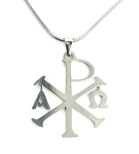 Ann Claridge Alpha Omega Chi Rho Necklace, Pure 304 Stainless No-Tarnish Chain with Stainless Christogram Chrismon Charm Pendant Jewelry 17.7' (45cm)