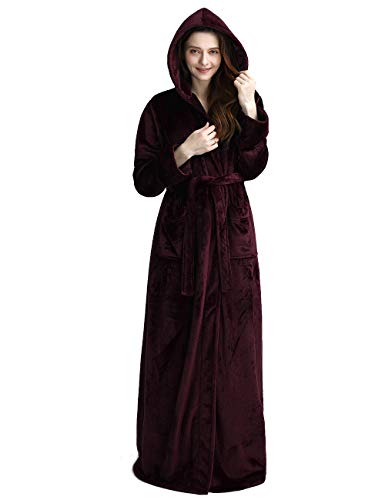 iCREAT Womens Long Hooded Bathrobe Fleece Full Length Bathrobe with Hood Winter Sleepwear, Wine-L
