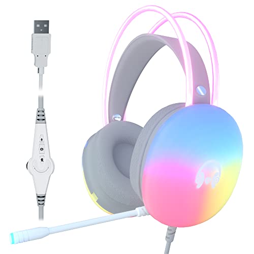 UBOTIE Wired Gaming Headset, 7foot Long Cable USB Headphones with Full RGB Earmuffs LED Headband, Game Sound Tech Headphones for PC MOBA FPS Games(Pink)