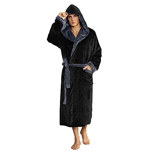U2SKIIN Mens Fleece Hooded Robe Plush Bathrobe (Black/Dark Grey, 2XL/3XL)