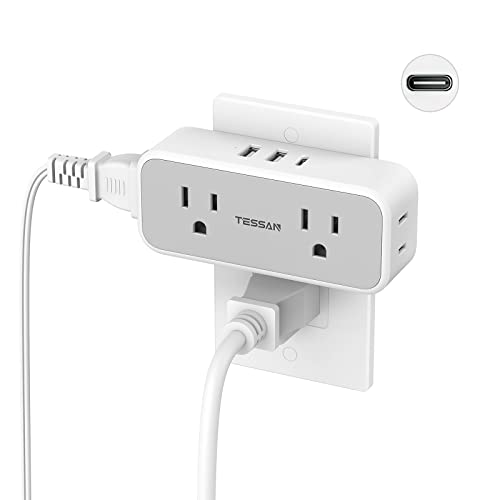 Multi Plug Outlet Extender, TESSAN 4 Electrical Outlet Splitter with 3 USB Wall Charger (1 USB C Port), Multiple Plug Expander for Travel Home Office Dorm Room Essentials