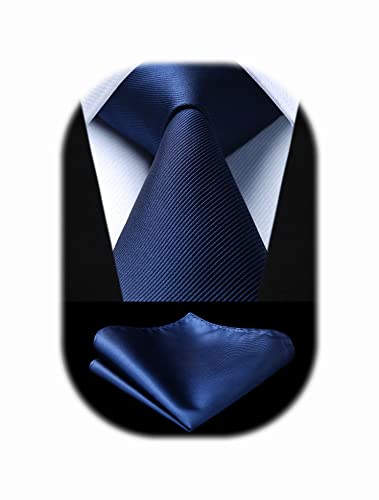 HISDERN Mens Ties Navy Blue Ties for Men: Necktie with Pocket Square Set Formal Necktie Handkerchief Wedding Silk Ties Set