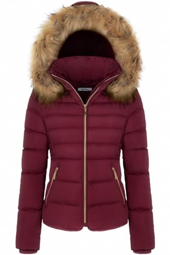 BodiLove Women's Winter Quilted Puffer Short Coat Jacket with Removable Faux Fur Hood and Zipper Burgundy L