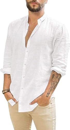 Mens Linen Button Down Shirts Long Sleeves Summer Beach Casual Regular Fit Shirt Tops White