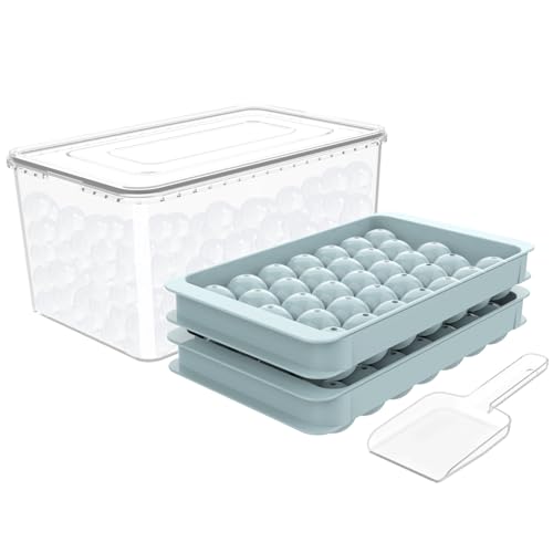 Round Ice Cube Tray with Lid & Bin Ice Ball Maker Mold for Freezer with Container Mini Circle Ice Cube Tray Making 66PCS Sphere Chilling Cocktail Whiskey Tea Coffee (2 Trays 1 Ice Bucket & Scoop)
