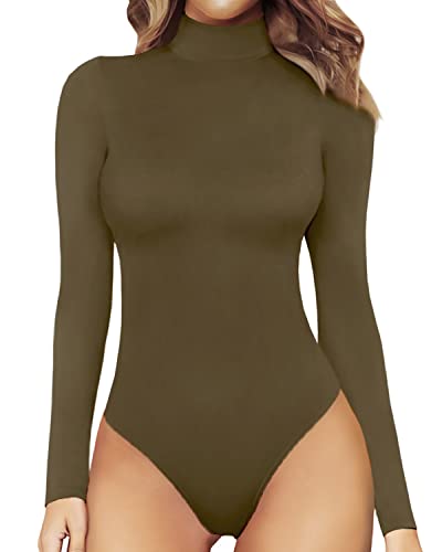 MANGOPOP Women's Mock Turtle Neck Long Sleeve Tops Bodysuit Jumpsuit (Long Sleeve Army Green, Medium)