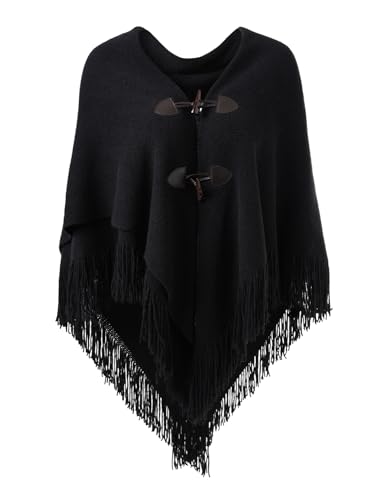 Ferand Women’s Loose Fitting Poncho Cape Shawl with Stylish Horn Buttons, V Neckline and V Hem, Black