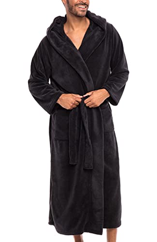 Alexander Del Rossa Men’s Robe, Plush Fleece Hooded Bathrobe with Two Large Front Pockets and Tie Closure, Black, 1X-2X