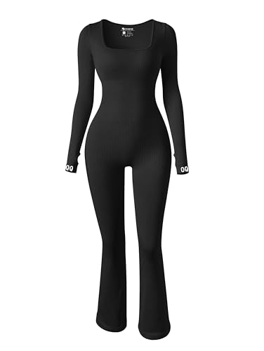 OQQ Women Yoga Jumpsuits Ribbed Exercise Long Sleeve Tops Bell Bottoms Flare Jumpsuits Black