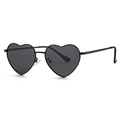 Polarized Heart Shaped Sunglasses for Women Metal Frame Cute Lovely Glasses 100% UV Protection (Black/Grey)
