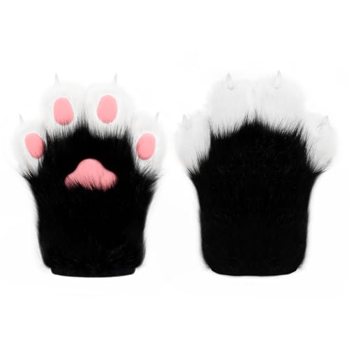 hbbhml Faux Fur Plush Furry Cat Claw Gloves Fursuit Animal Fox Paws Mittens Halloween Cosplay Costume Accessories for Adult