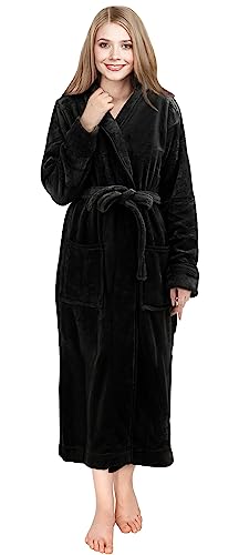 NY Threads Womens Fleece Bath Robe - Shawl Collar Soft Plush Spa Robe, Black, Medium
