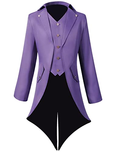 Lioop Men's Steampunk Vintage Tailcoat Jacket Gothic Victorian Frock Coat Uniform Halloween Costume (purple, 3X-Large)