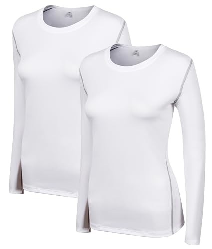 WANAYOU Women's 2 Pack Compression Shirt Dry Fit Long Sleeve Workout Shirts Yoga Athletic Running T Shirt Undershirts Baselayers(2 Pack White, Medium)