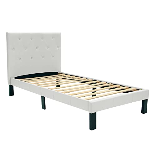 Poundex PU Upholstered Platform Bed, Twin, White