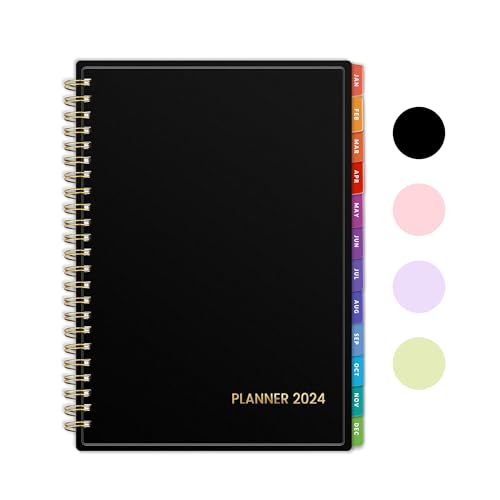SUNEE 2024 Weekly and Monthly Planner - from January 2024 - December 2024, 6.4' x 8.3' Daily Agenda Planner with Monthly Tab, Flexible Cover, Note Pages, Pockets, Bookmark, Spiral Binding, Black