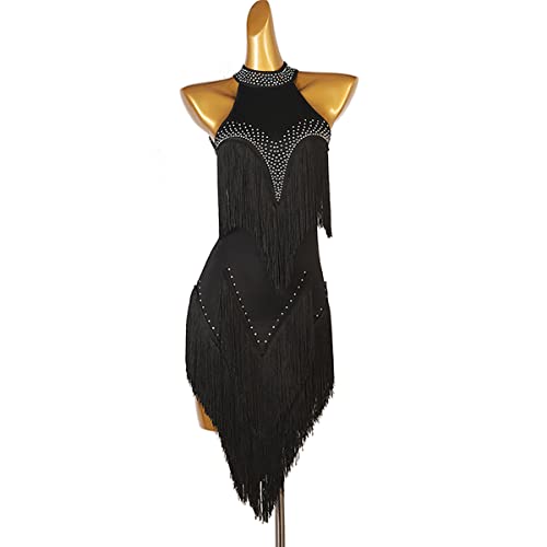 kzytamz Women's Tassel Latin Dance Competition Dresses Women Halter Neck Cold Shoulder Swing Training Dancewear (M,Black)