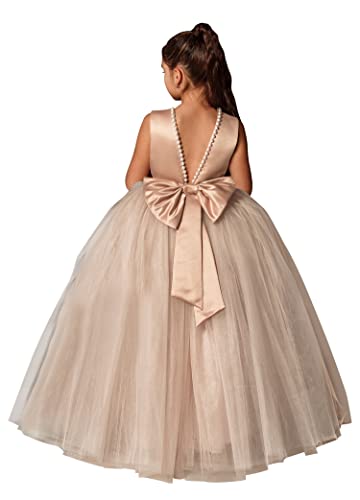 MCieloLuna Flower Girls Tulle Wedding Bridesmaid Party First Communion Dress Pearls Princess Ball Gowns with Bow-Knot Champagne Size 4