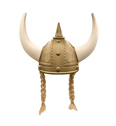 Nicky Bigs Novelties Adult Gold Viking Helmet with Horns & Braids - Plastic Norse Barbarian Warrior Hat - Cosplay Halloween Costume Accessory