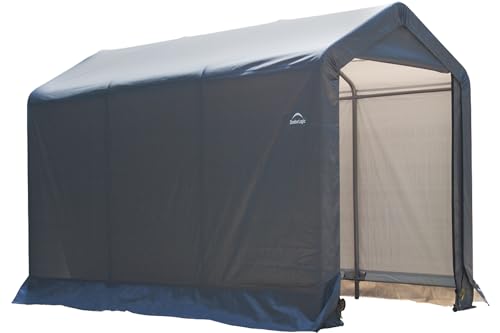 ShelterLogic 6' x 10' Shed-in-a-Box All Season Steel Metal Frame Peak Roof Outdoor Storage Shed with Waterproof Cover and Heavy Duty Reusable Auger Anchors, Grey