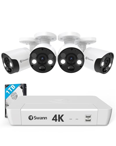 Swann Pro 4K Ultra HD Security Camera System, 8 Channel 4pcs PoE IP Cameras, Cat5e Wired NVR System with 1TB HDD, Color Night Vision, LED Light, True Detect, 24/7 Surveillance CCTV, Indoor/Outdoor