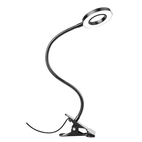 Woputne Desk Clip on Lamp for Reading Home Office, 10 Dimmable Brightness 3 Modes, Ring/ Clamp Light for Bed Headboard, Craft, Computer, Video Call