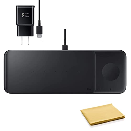 SAMSUNG Wireless Charger Trio, Qi Compatible - Fast Charge up to 3 Devices at Once - for Galaxy Phones, Buds, Watches, and Apple iPhone Devices, Includes Microfiber Cleaning Cloth - Black