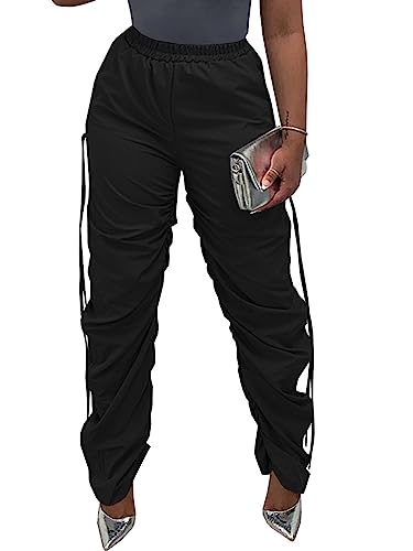 PRIVIMIX Women's Baggy Cargo Pants Elastic Waist Ruched Parachute Pants Hippie Drawstring Long Lounge Pants with Pockets Black S