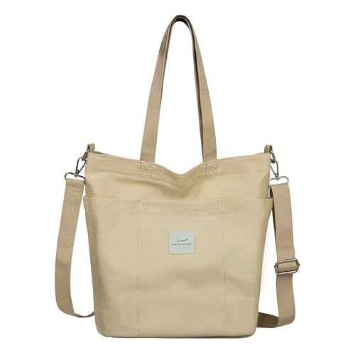 Iswee Canvas Tote Bag with Zipper Multi Pockets Tote Purse for Women Fashion Crossbody Tote Shoulder Bag Handbag Everyday Bag(Khaki)