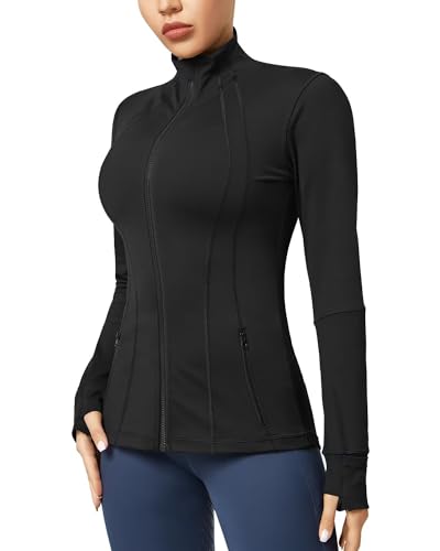 QUEENIEKE Women Athletic Jackets Cottony-Soft Full Zip Slim Fit Workout Running Jacket with Pockets(M,Black)