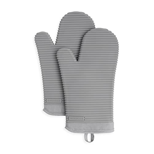 KitchenAid Ribbed Soft Silicone Oven Mitt Set, 7'x13', Grey 2 Count