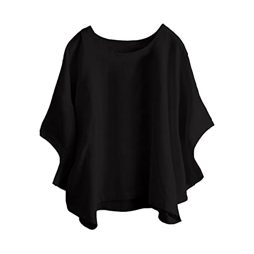 Cotton Linen Shirts for Women Summer 2023 Plus Size Top Boho Hippie Clothes Casual Short Sleeve Tee Tunic Blouse,Ladies Loose Baggy Oversized T Shirt Gift Fashion Cruise Resort Wear(A-Black,XX-Large)