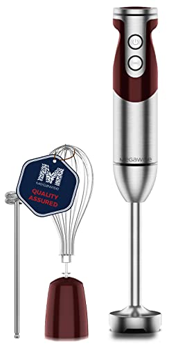 MegaWise Pro Titanium Reinforced 3-in-1 Immersion Hand Blender, Powerful MOTOR with 80% Sharper Blades, 12-Speed Corded Blender, IncludingWhisk and Milk Frother (3-in 1 Red)