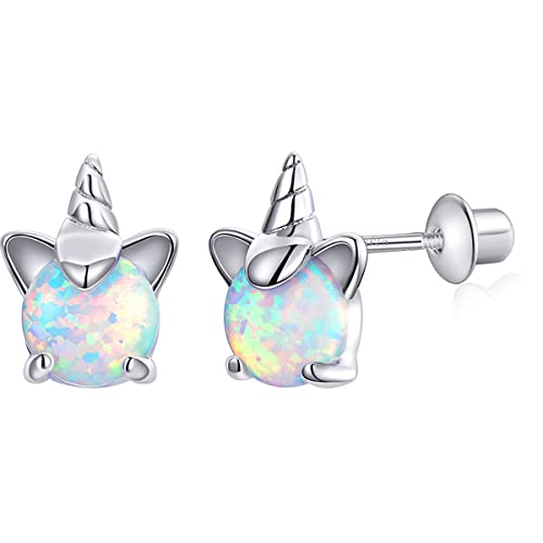 Unicorn Gifts for Girls Earrings, Sterling Silver Hypoallergenic Screw Backs Opal Unicorn Earrings for Women Girls Kids Jewelry Gifts