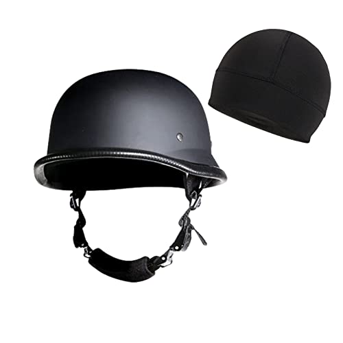 RiderVibe German Novelty Skull Cap, Basic Flat Black German Novelty Hat with Adjustable Chin Strap (M, Black+Black Liner)