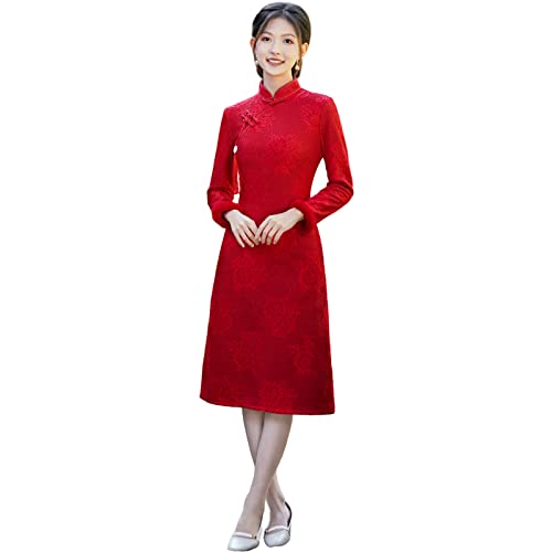 SUETOR Womens Winter Warm Cheongsam Dress, Lace Embroidered with Fleece Lined, Chinese Elegant A-Line Ao Dai Qipao -6300 Red,M