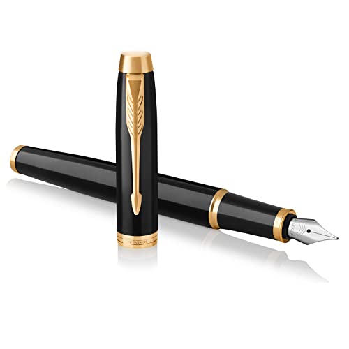 Parker IM Fountain Pen | Black Lacquer with Gold Trim | Fine Nib with Blue Ink Refill | Gift Box