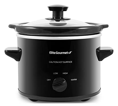 Elite Gourmet MST239X Electric Round Slow Cooker, Adjustable Temp, Entrees, Sauces, Stews & Dips, Dishwasher Safe Glass Lid & Crock, 2 Quart, Black