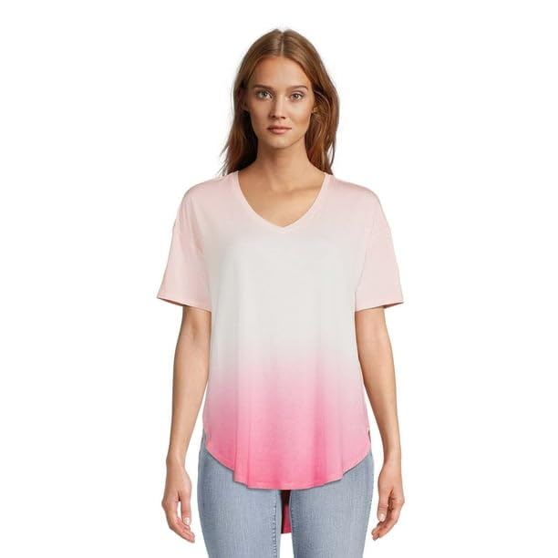 Time and Tru Women's V-Neck High Low Pullover Tunic T-Shirt,(Pink Coral/Faded Rose Dip Dye-X-Large)