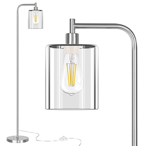 QiMH Industrial Floor Lamp for Living Room, Modern Standing Lamp with HD Glass Lampshade and Pedal Switch, 67” Tall Pole Light for Bedroom Study Room, Brushed Silver (2700K LED Bulb Included)