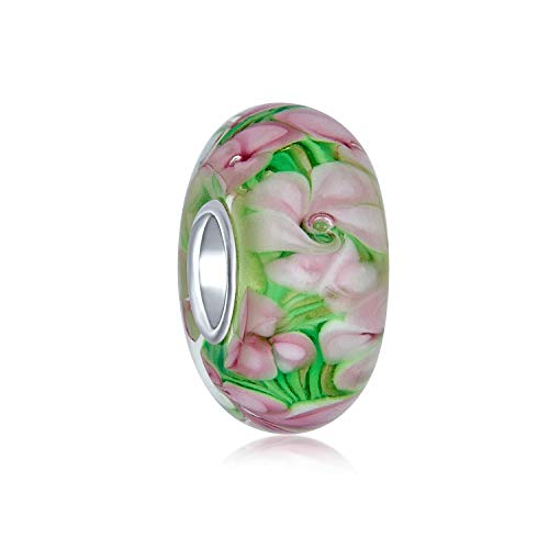 Bling Jewelry Murano Glass .925 Sterling Silver Core Floral Green Pink Tropical Flower Spacer Charm Bead Fits European Bracelet For Women Teen