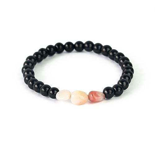 Karelian Heritage Shungite Elastic Stretchy Bracelet with 3 Tumbled Pink Opal Beads | Authetic Shungite Crystal Jewelry | Protective Powerful Defender Stone Bracelet | Spiritual Healing Crystal Chakra Balance BO44
